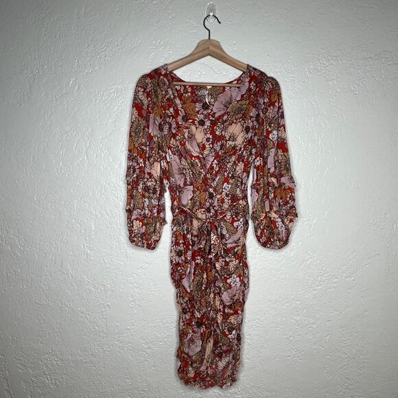 Free People Womens Under Wraps Floral Faux Wrap Mini Dress Balloon Sleeve Size 6 - Picture 2 of 6